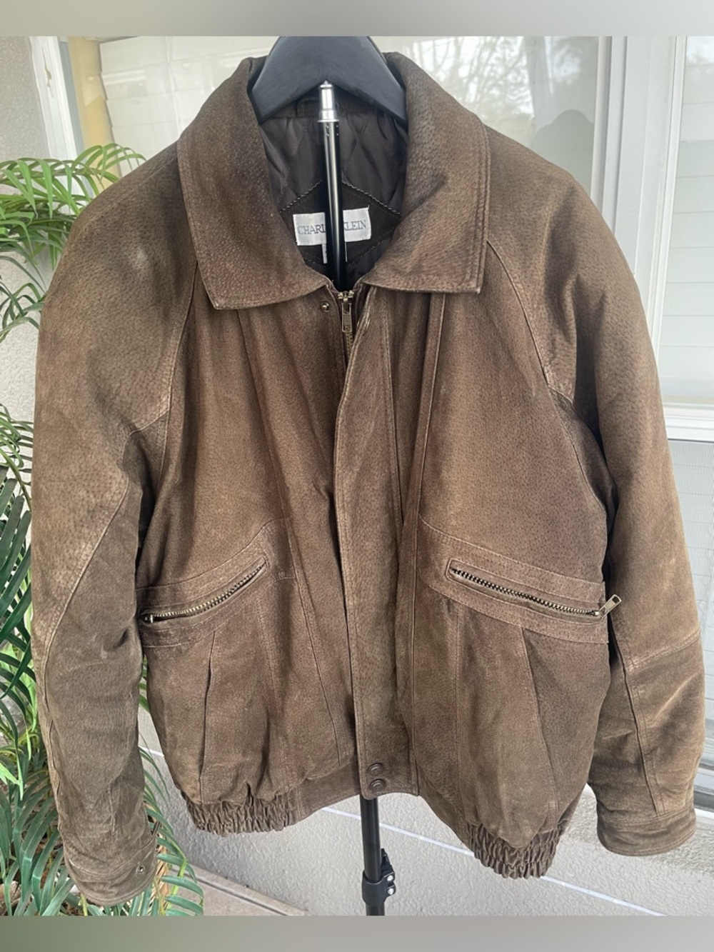 Men's Brown Suede Bomber Jacket by Charles Klein